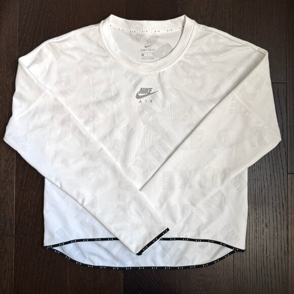 Nike Air Dri-Fit All Over Print White Cropped Long Sleeve Shirt - Size Small - Picture 1 of 9